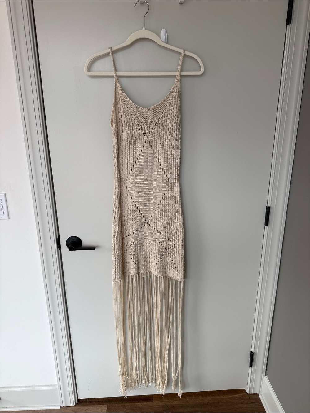 Beige Crochet Maxi Dress with Fringe Hem